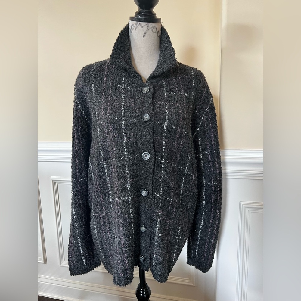 Charcoal gray, White & Pink Button-Up Nubby Knit Long Sleeves Cardigan/Sweater.